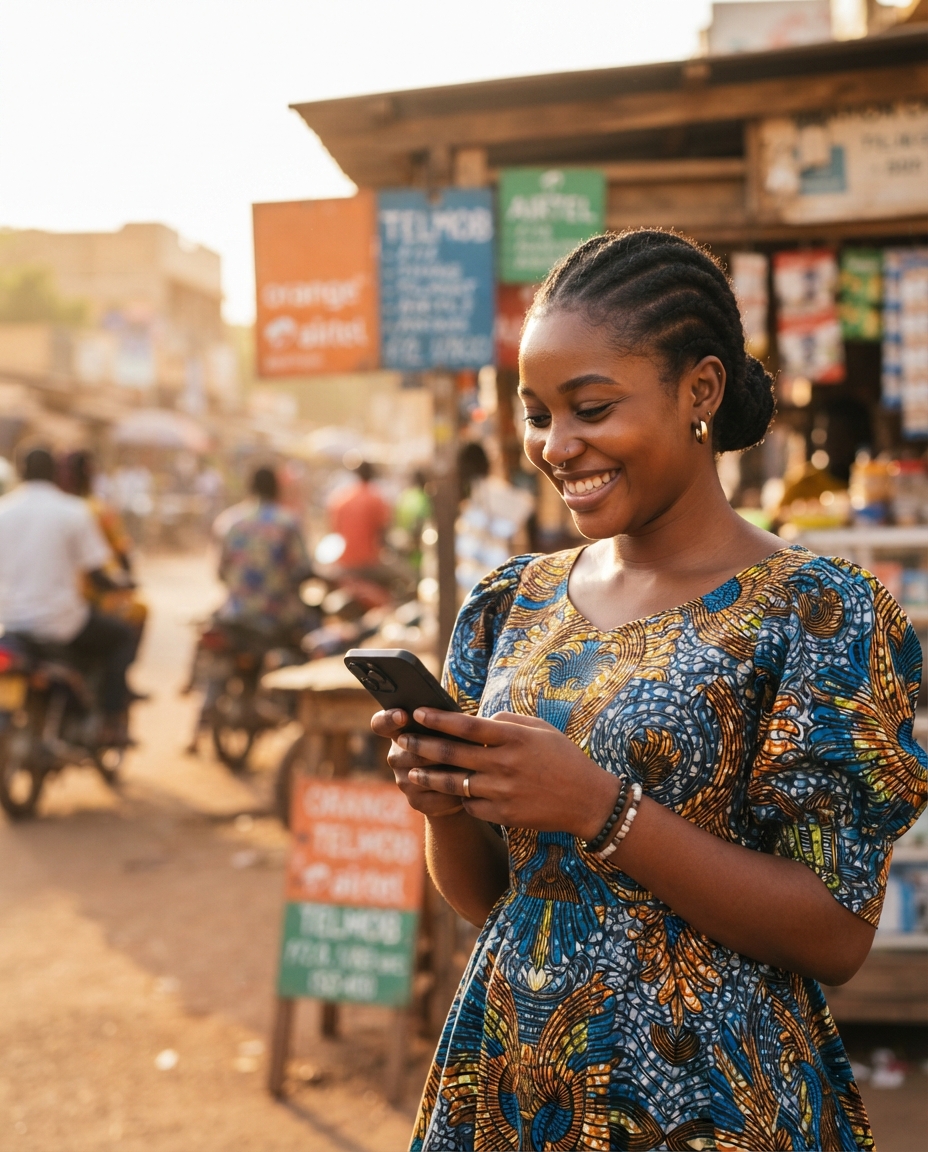 Une cliente consulte l’application Rézo sur son smartphone devant une boutique de crédit à Ouagadougou
